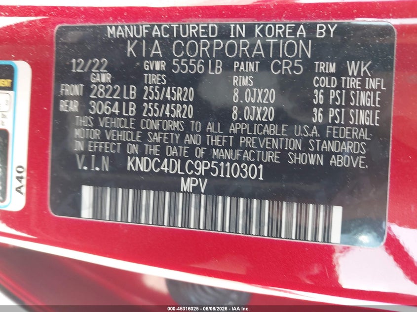 2023 KIA EV6 ELECTRIC(VIN: KNDC4DLC9P5110301
