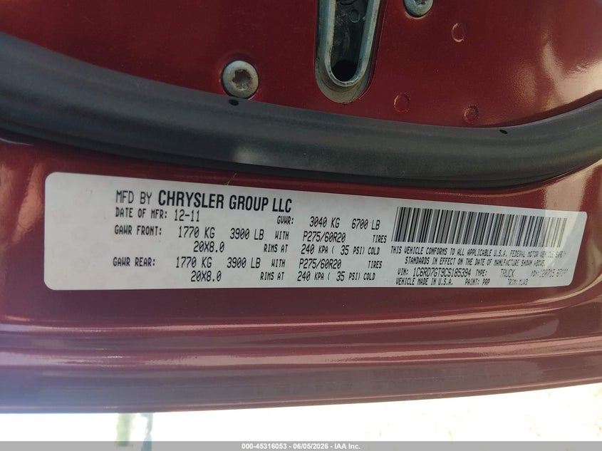 1C6RD7GT9CS185394 2012 Ram 1500 5.7 Ram Slt red