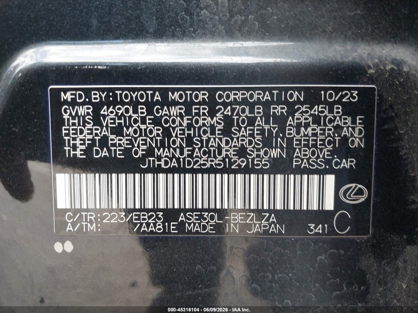 2024 LEXUS IS 300 2.0L I-4 DI, DOHC, V(VIN: JTHDA1D25R5129155