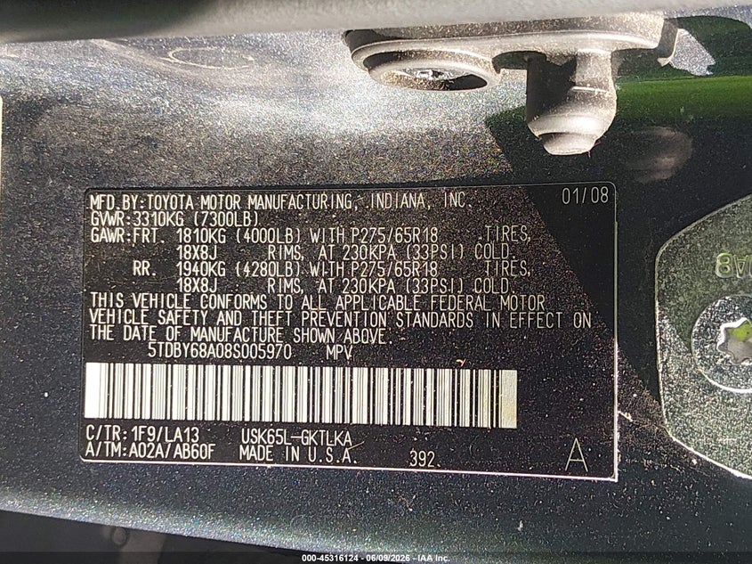 2008 Toyota Sequoia Limited 5.7L V8 VIN: 5TDBY68A08S005970 Lot: 45316124