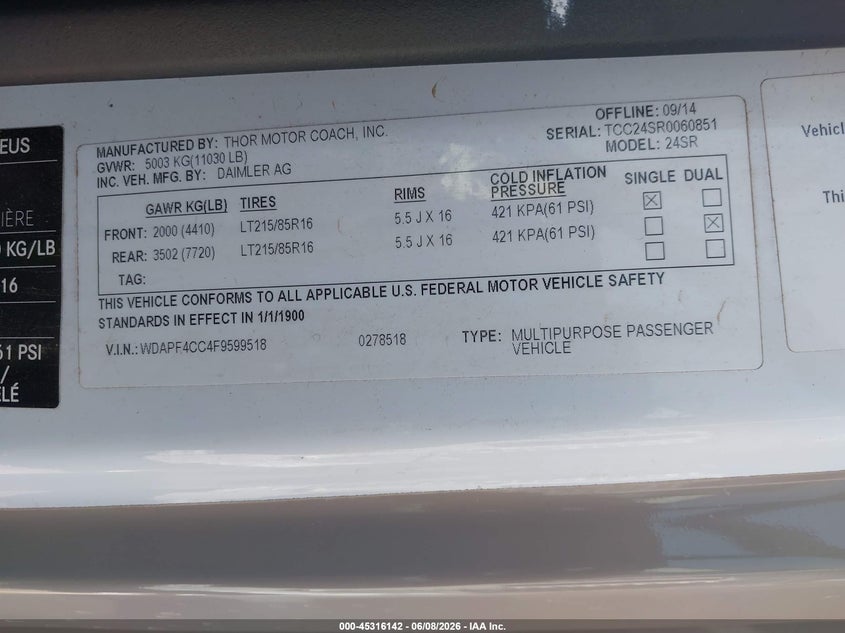 2015 Mercedes-Benz Sprinter 3500 VIN: WDAPF4CC4F9599518 Lot: 45316142