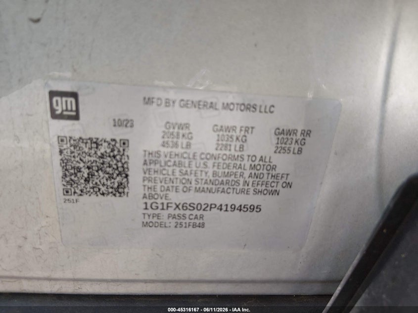 2023 Chevrolet Bolt Ev Fwd 2Lt VIN: 1G1FX6S02P4194595 Lot: 45316167