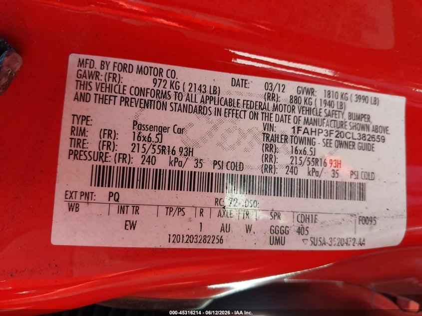 2012 Ford Focus Se VIN: 1FAHP3F20CL382659 Lot: 45316214