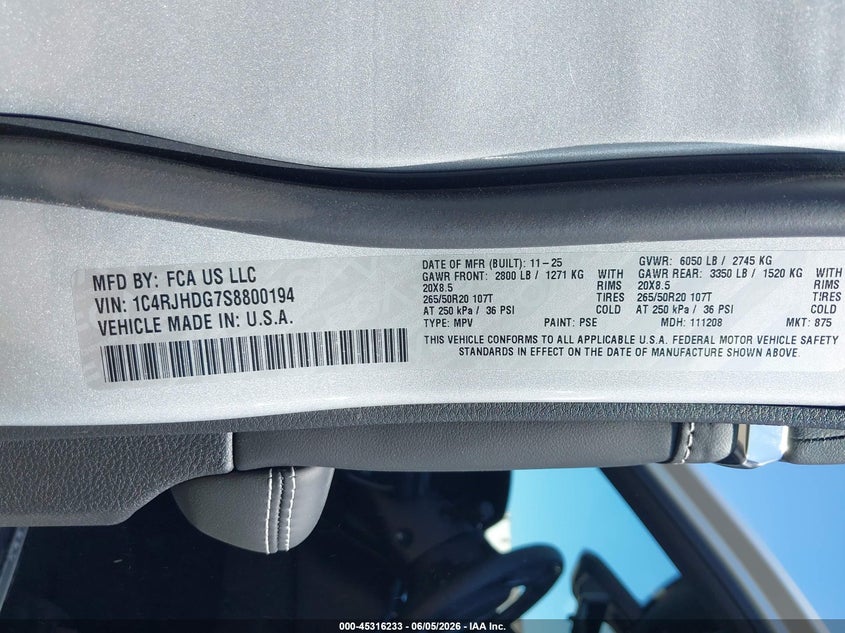 2025 JEEP GRAND CHEROKEE 3.6L V-6 DOHC, VVT, (VIN: 1C4RJHDG7S8800194