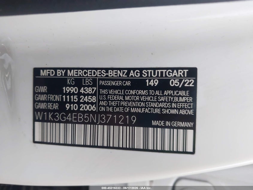 2022 Mercedes-Benz A 220 VIN: W1K3G4EB5NJ371219 Lot: 45316333