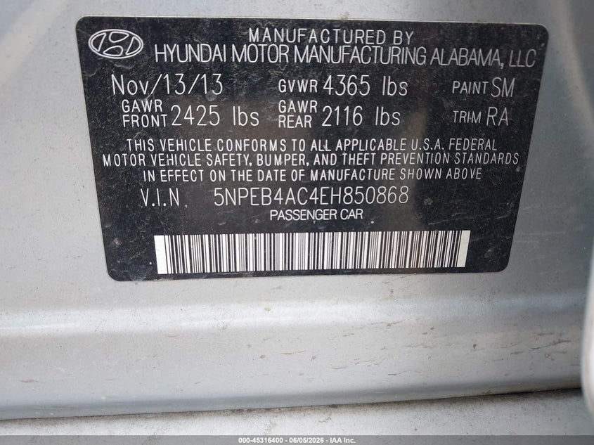 2014 Hyundai Sonata Gls VIN: 5NPEB4AC4EH850868 Lot: 45316400