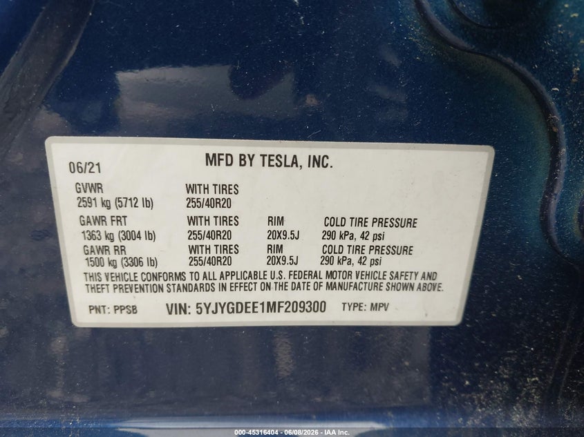 2021 TESLA MODEL Y ELECTRIC(VIN: 5YJYGDEE1MF209300