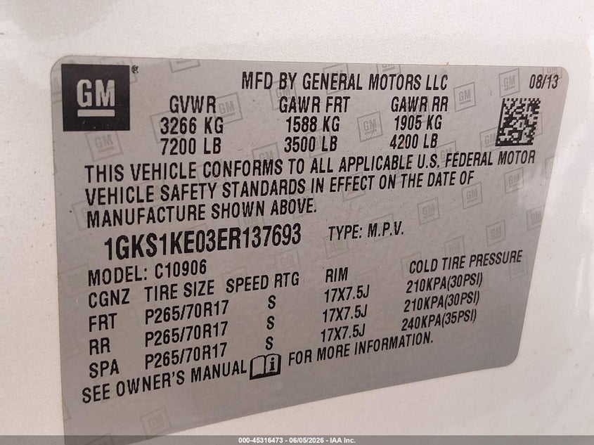 2014 GMC Yukon Xl 1500 Slt VIN: 1GKS1KE03ER137693 Lot: 45316473