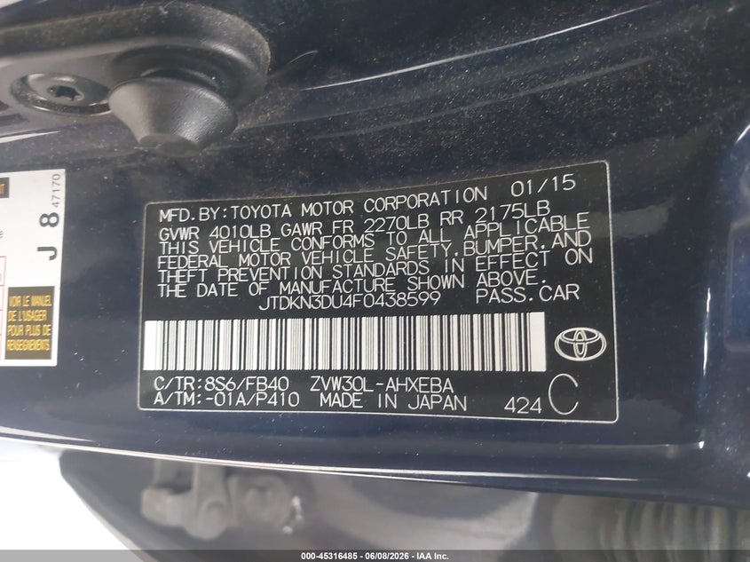 2015 Toyota Prius Three VIN: JTDKN3DU4F0438599 Lot: 45316485