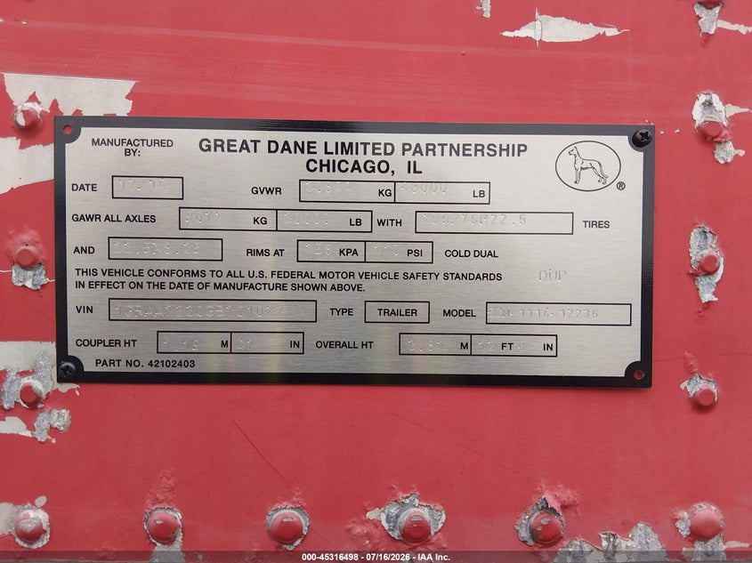 2016 OTHER GREAT DANE TRAILERS UNKNOWN VAN N/A