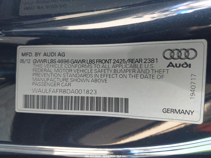 2013 Audi A5 2.0T Premium VIN: WAULFAFR8DA001823 Lot: 45316546