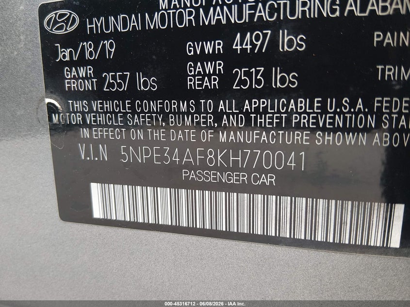 VIN 5NPE34AF8KH770041 2019 HYUNDAI SONATA SEL