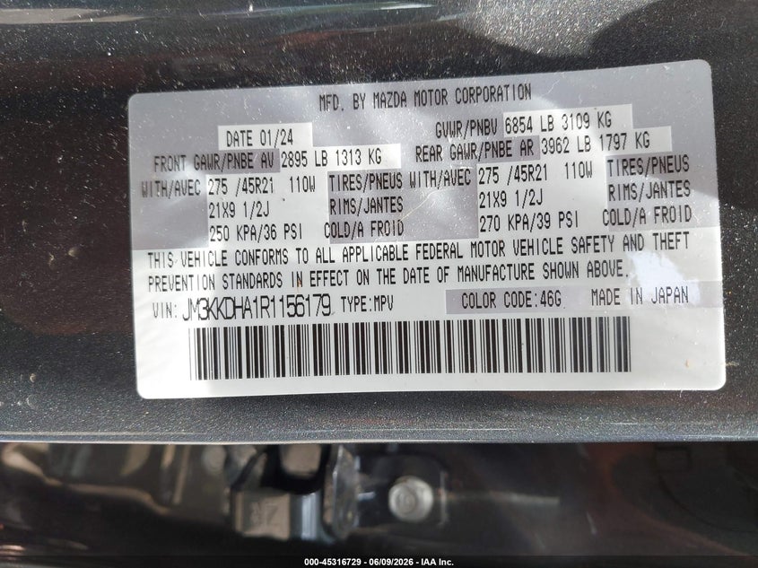 2024 Mazda Cx-90 Phev Premium VIN: JM3KKDHA1R1156179 Lot: 45316729
