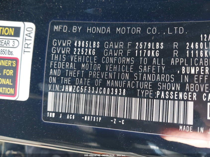 2018 Honda Clarity Plug-In Hybrid Touring VIN: JHMZC5F33JC003938 Lot: 45316746