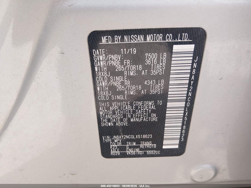 2020 Nissan Armada Sv 4Wd VIN: JN8AY2NC0LX518623 Lot: 45316803