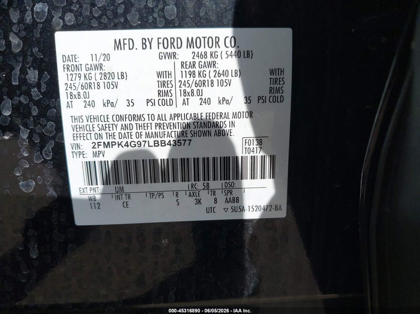 VIN 2FMPK4G97LBB43577 2020 FORD EDGE SE