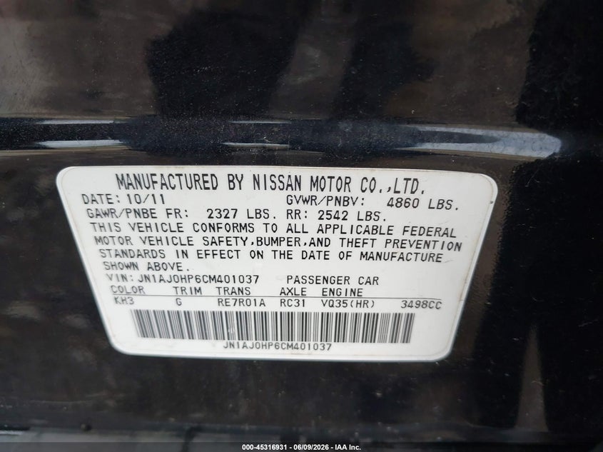 2012 Infiniti Ex35 Journey VIN: JN1AJ0HP6CM401037 Lot: 45316931