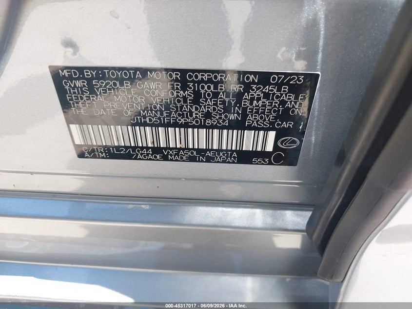 2023 LEXUS LS 500 3.4L V-6 DI, DOHC, V(VIN: JTHD51FF9P5018934