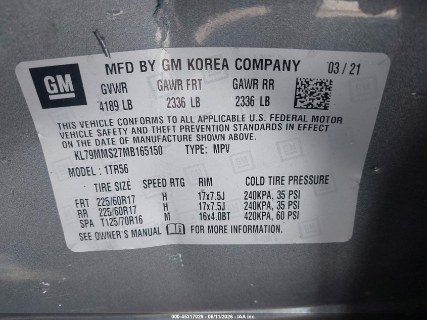 VIN KL79MMS27MB165150 2021 CHEVROLET TRAILBLAZER FWD LS