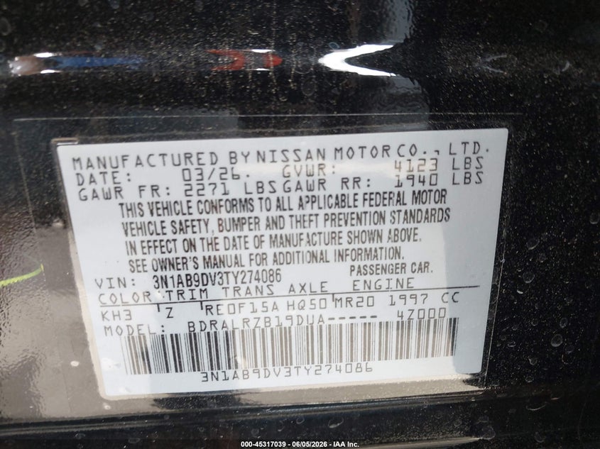 2026 NISSAN SENTRA 2.0L I-4 DI, DOHC, V(VIN: 3N1AB9DV3TY274086