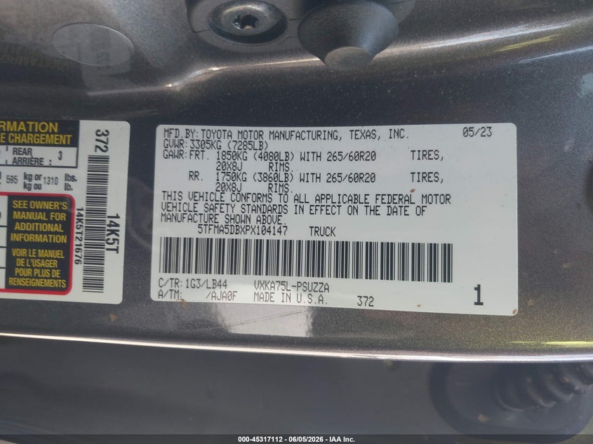 2023 TOYOTA TUNDRA 3.4L V-6 DI, DOHC, V(VIN: 5TFMA5DBXPX104147