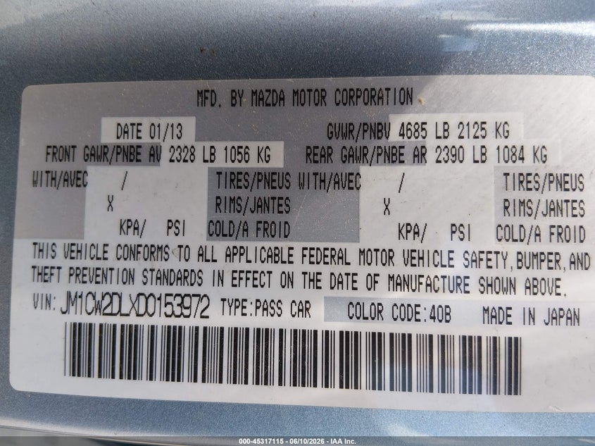 2013 Mazda Mazda5 Grand Touring VIN: JM1CW2DLXD0153972 Lot: 45317115
