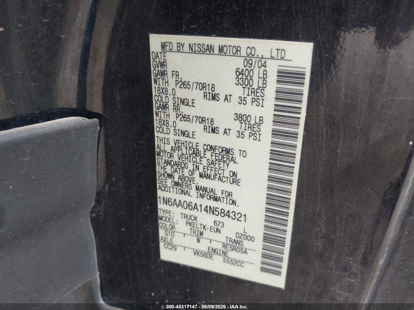 2004 Nissan Titan Se VIN: 1N6AA06A14N584321 Lot: 45317147