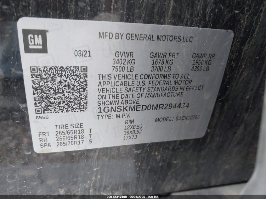 2021 Chevrolet Tahoe 4Wd Ls VIN: 1GNSKMED0MR294434 Lot: 45317169