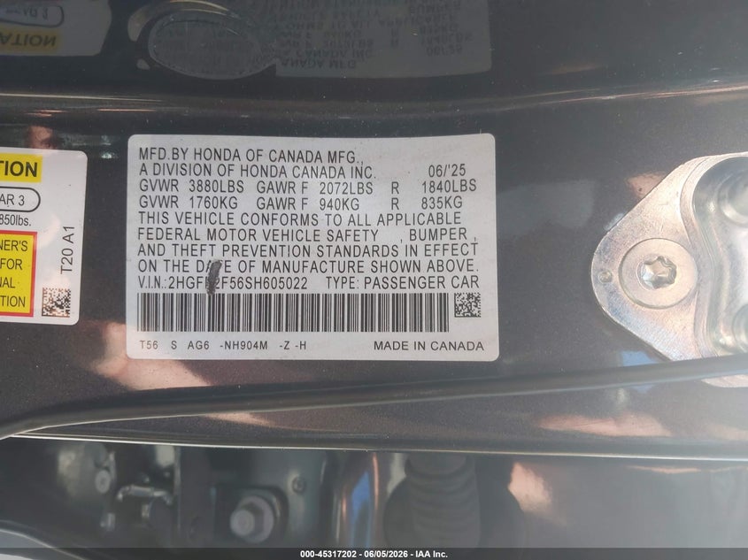 2025 HONDA CIVIC 2.0L I-4 DI, DOHC, V(VIN: 2HGFE2F56SH605022