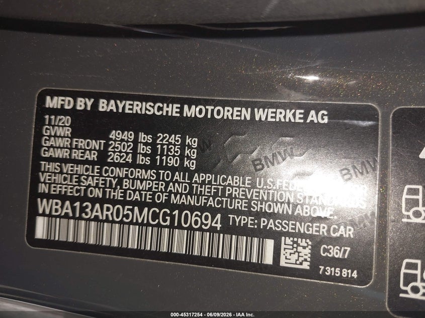 2021 BMW M440I 3.0L I-6 DI, DOHC, V(VIN: WBA13AR05MCG10694