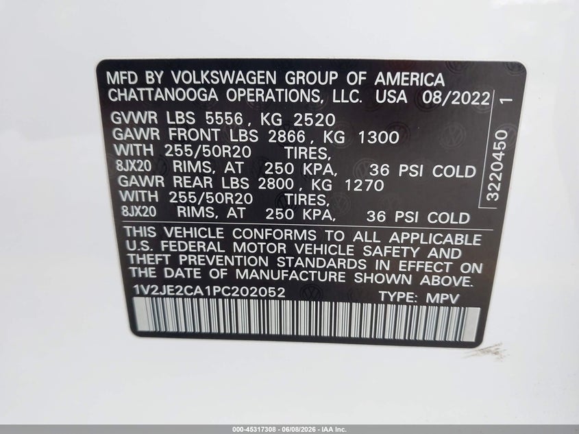 2023 VOLKSWAGEN ATLAS CROSS SPORT 3.6L V-6 DI, DOHC, V(VIN: 1V2JE2CA1PC202052