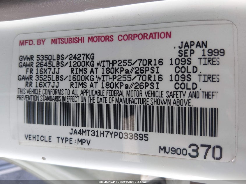 2000 Mitsubishi Montero Sport Ls/Xls VIN: JA4MT31H7YP033895 Lot: 45317413