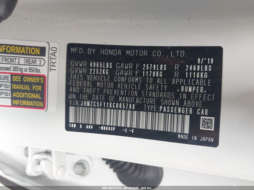 2019 Honda Clarity Plug-In Hybrid VIN: JHMZC5F11KC005798 Lot: 45317416