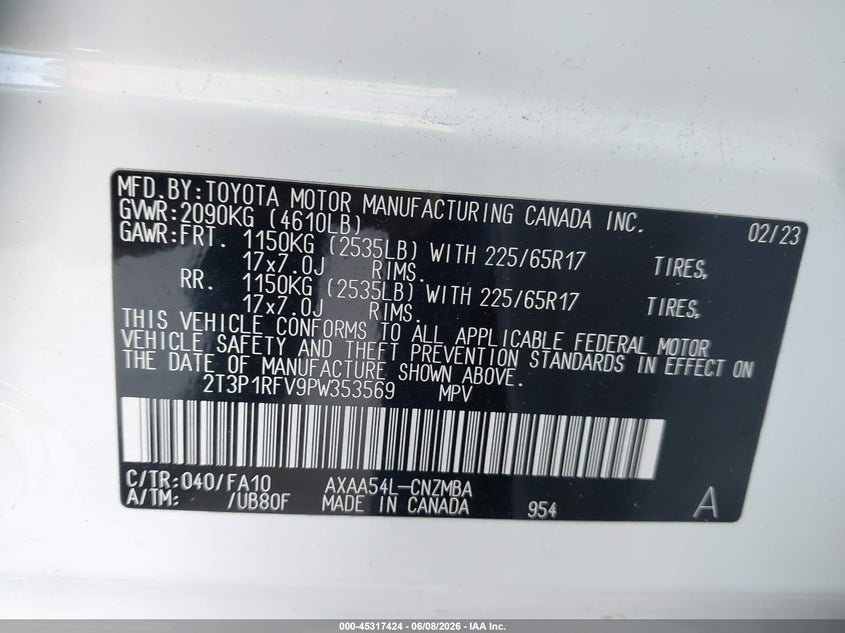 2023 TOYOTA RAV4 2.5L I-4 DI, DOHC, V(VIN: 2T3P1RFV9PW353569