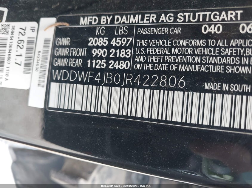 2018 Mercedes-Benz C 300 VIN: WDDWF4JB0JR422806 Lot: 45317423