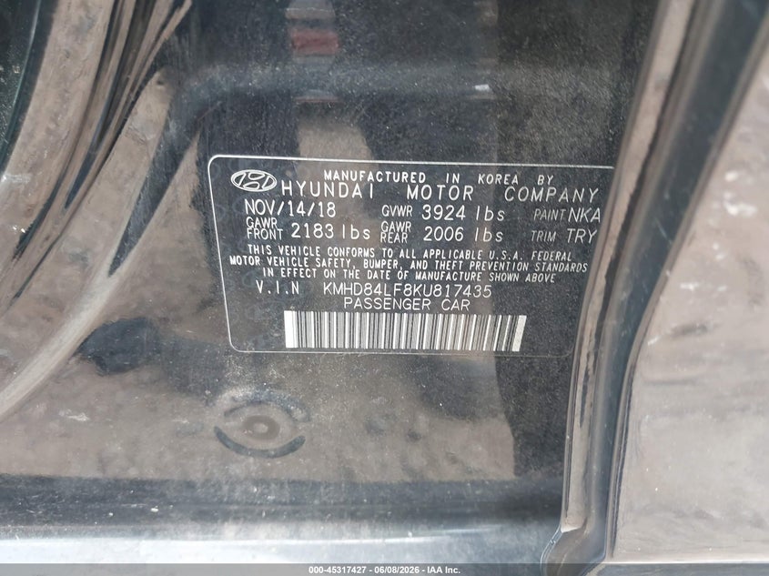 VIN KMHD84LF8KU817435 2019 HYUNDAI ELANTRA SEL