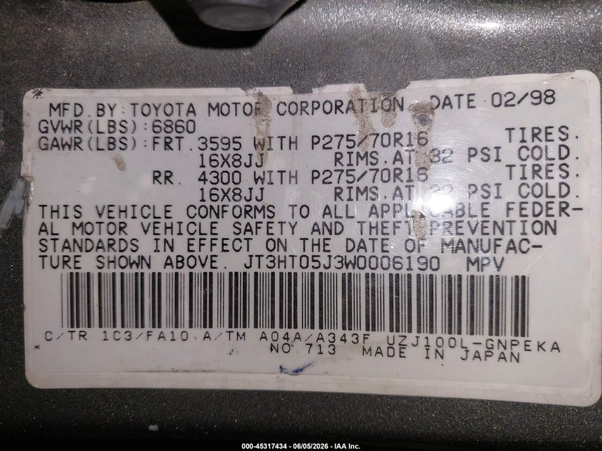 1998 Toyota Land Cruiser VIN: JT3HT05J3W0006190 Lot: 45317434