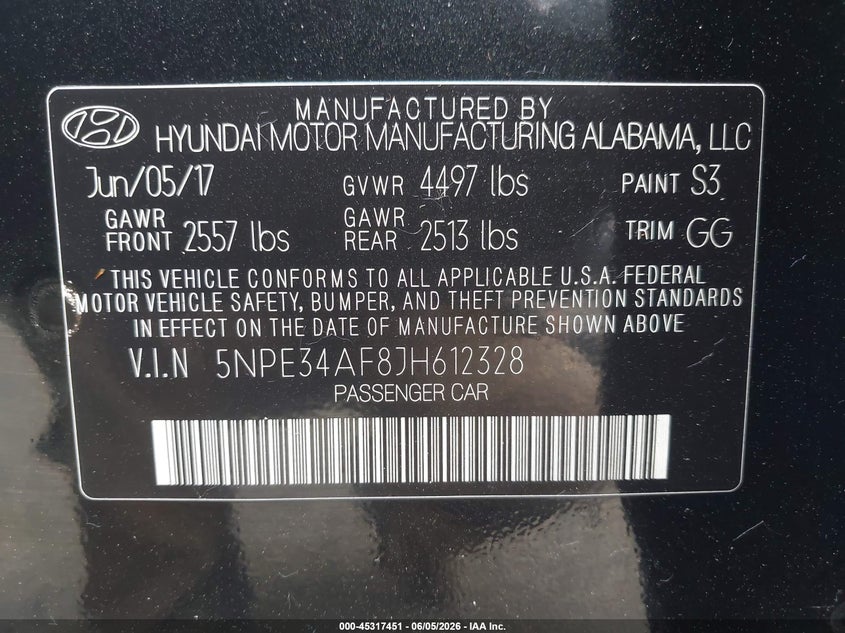 2018 Hyundai Sonata Sel VIN: 5NPE34AF8JH612328 Lot: 45317451