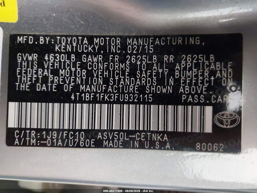 2015 TOYOTA CAMRY SEDAN 2.5L I-4 DOHC, VVT, 178HP
