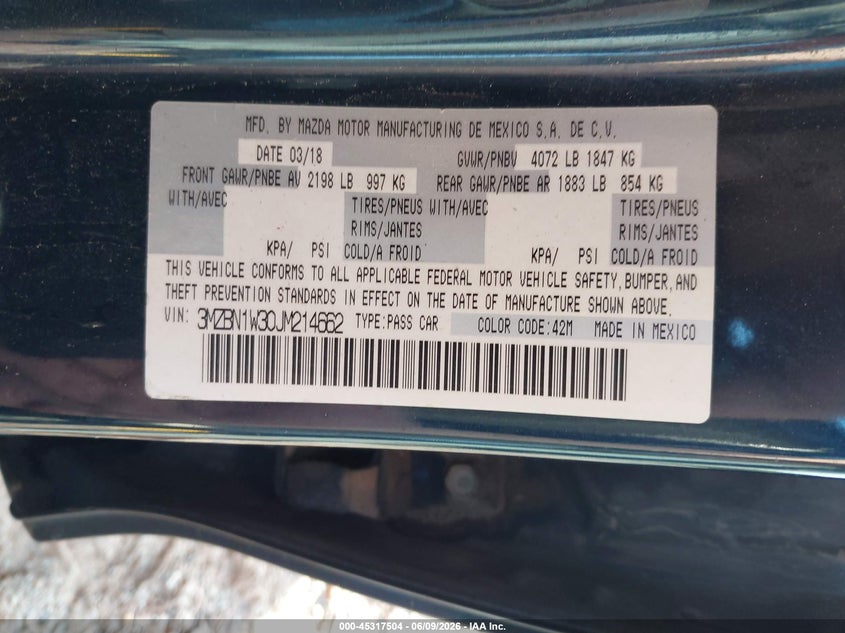 2018 MAZDA 3 SEDAN 2.5L I-4 DI, DOHC, VVT, 184HP