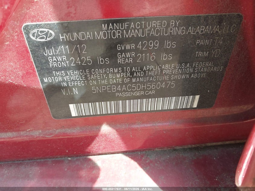 2013 Hyundai Sonata Gls VIN: 5NPEB4AC5DH560475 Lot: 45317531