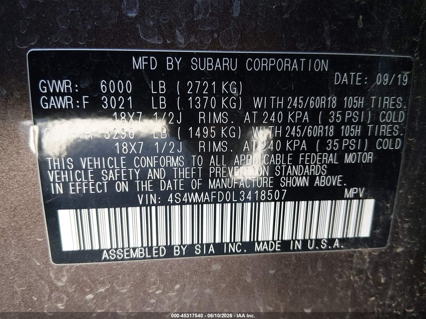 2020 Subaru Ascent Premium VIN: 4S4WMAFD0L3418507 Lot: 45317540