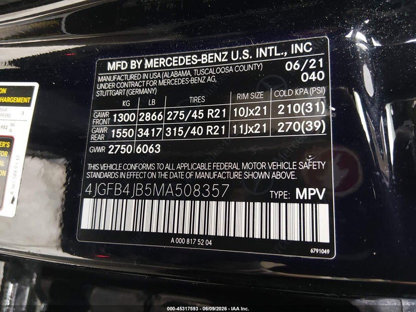2021 MERCEDES-BENZ GLE 350 2.0L I-4 DI, DOHC, V(VIN: 4JGFB4JB5MA508357