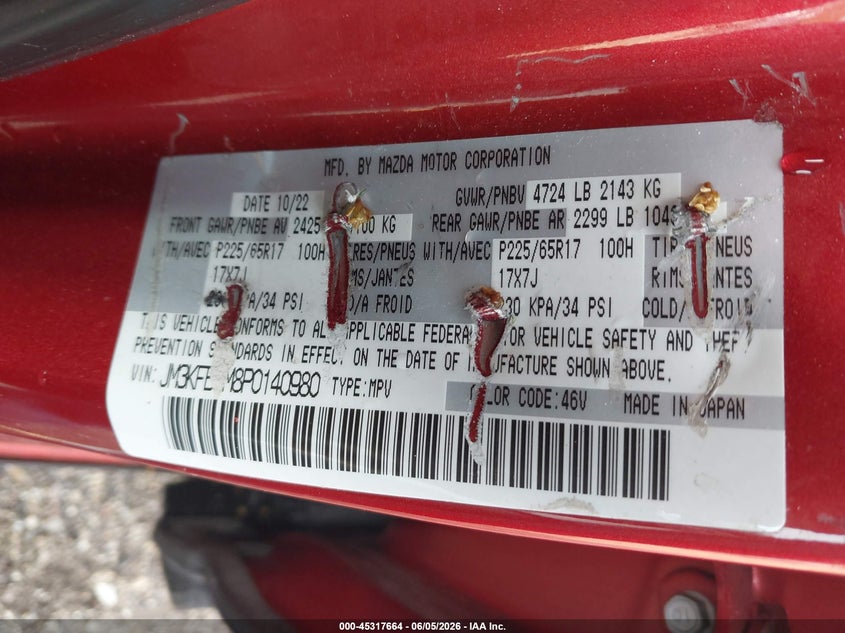 2023 MAZDA CX-5 2.5L I-4 DI, DOHC, V(VIN: JM3KFBCM8P0140980