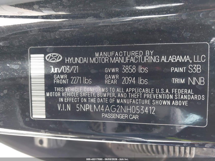 2022 HYUNDAI ELANTRA 2.0L I-4 DOHC, VVT, (VIN: 5NPLM4AG2NH053412