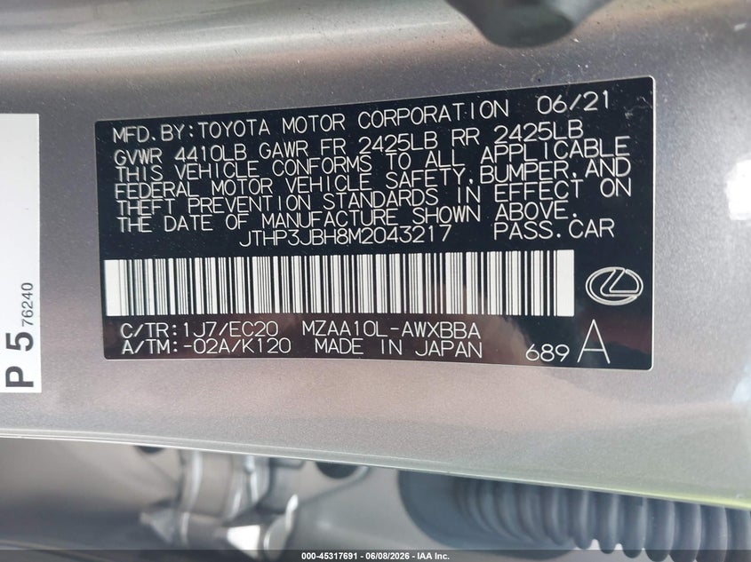 2021 Lexus Ux 200 VIN: JTHP3JBH8M2043217 Lot: 45317691