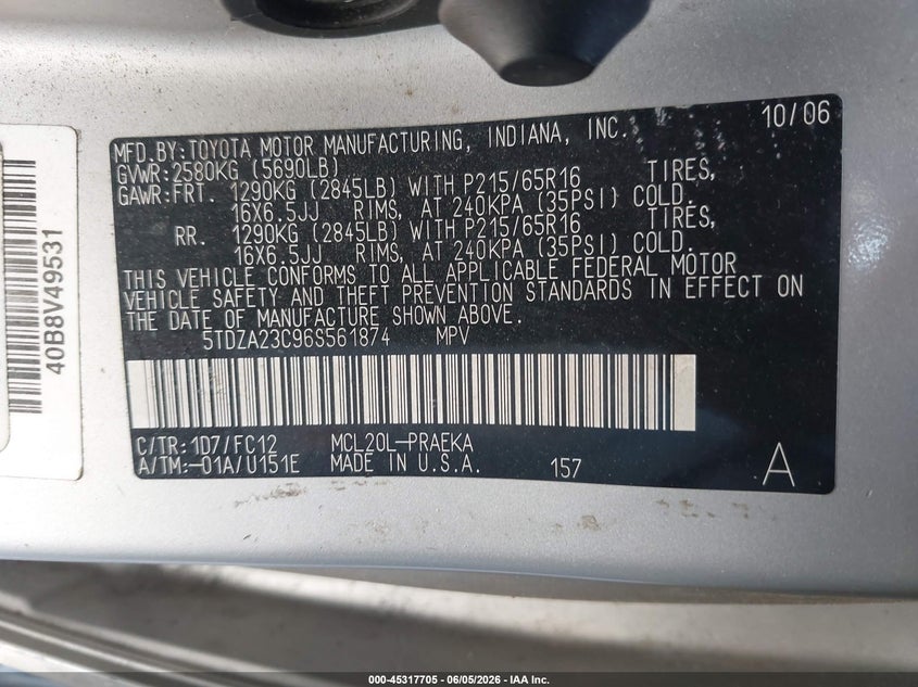 2006 Toyota Sienna Le VIN: 5TDZA23C96S561874 Lot: 45317705