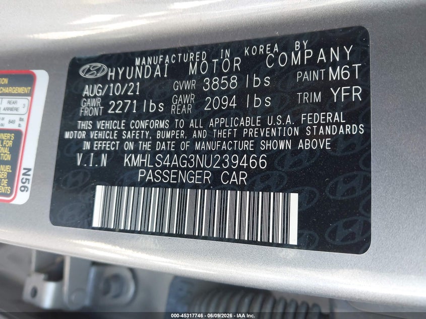 2022 HYUNDAI ELANTRA 2.0L I-4 DOHC, VVT, (VIN: KMHLS4AG3NU239466