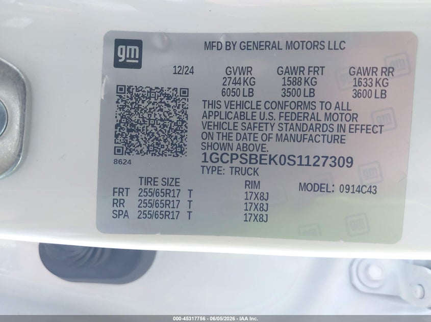 2025 CHEVROLET COLORADO 2.7L I-4 DI, DOHC, V(VIN: 1GCPSBEK0S1127309