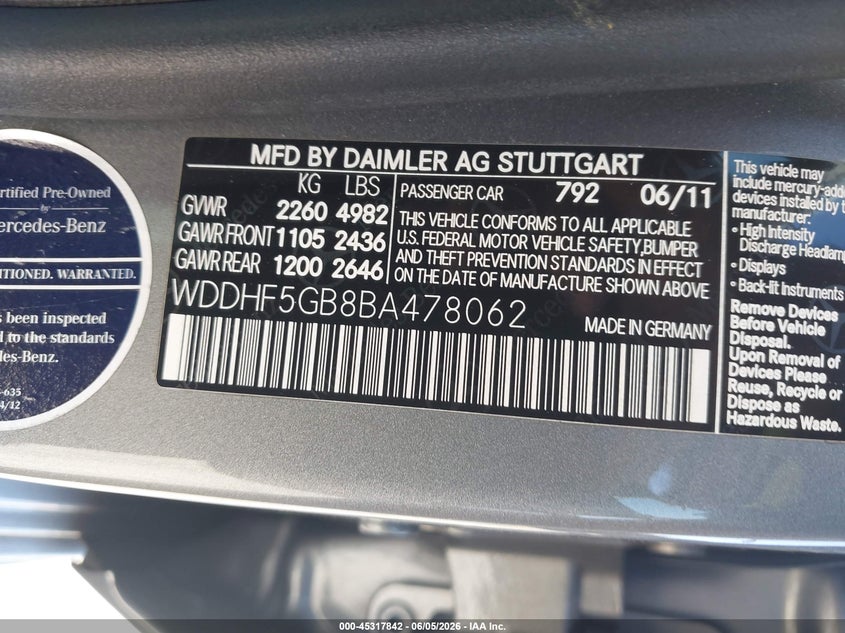 2011 Mercedes-Benz E 350 VIN: WDDHF5GB8BA478062 Lot: 45317842